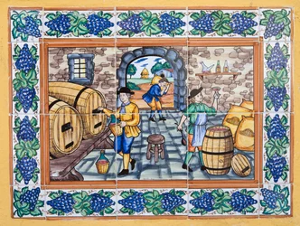 Carreaux de céramique espagnole moderne de style XVIIe ou XVIIIe siècle montrant des ouvriers dans la cave du vignoble vérifiant la qualité du vin